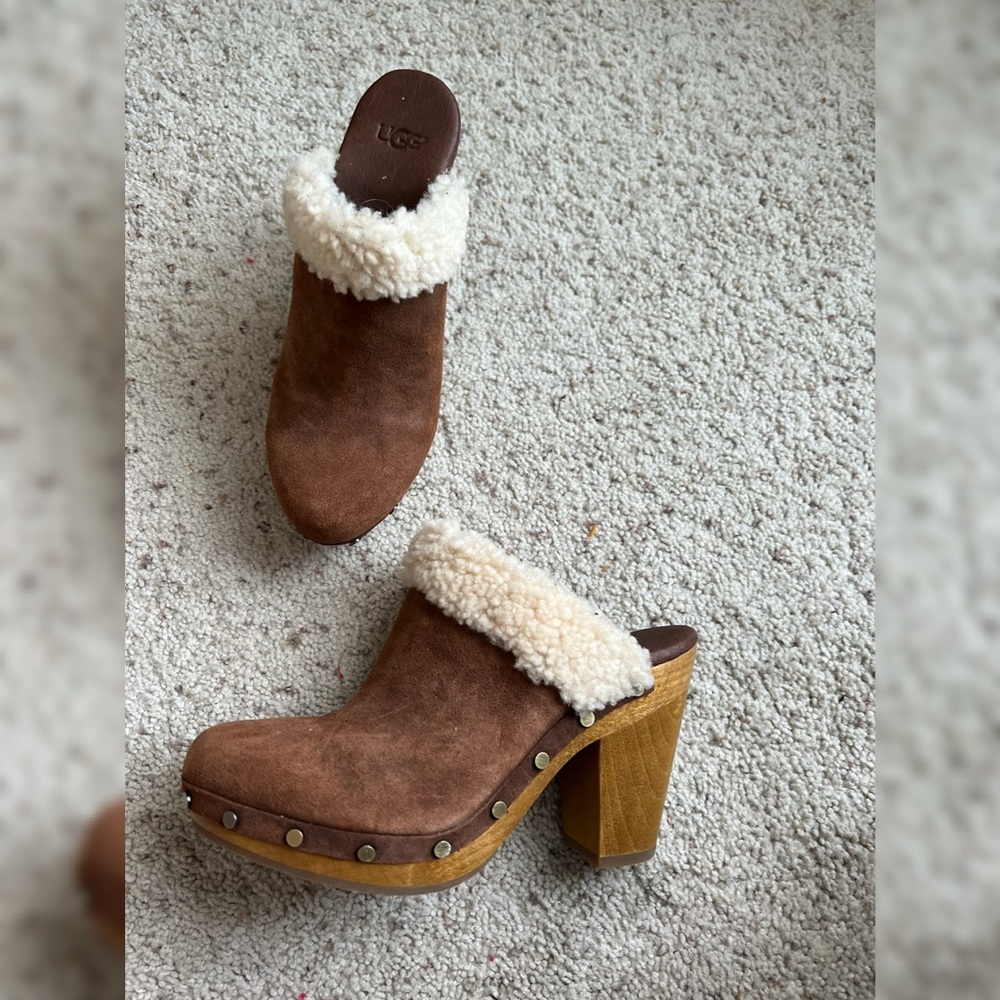 Uggs Sherpa lined wooden studded heeled clogs